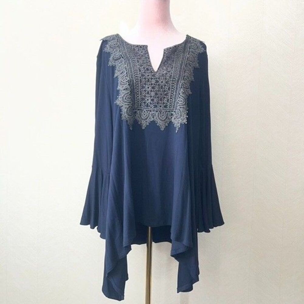 Elie Tahari Navy Blue Lace Bell Sleeve Handkerchief Hem Tunic Top Womens Size XL